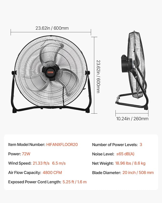 VEVOR Floor Fan, 3 Speeds High Velocity Heavy Duty 20 Inch Industrial Fan, 4800 CFM 360° Adjustable Tilt 21.33 ft/sec Airflow Large Metal Fan, for Home, Gym, Office, Garage, Commercial Shop & Bedroom
