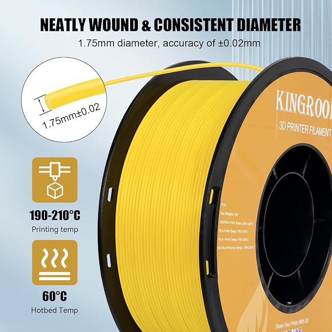 Kingroon High Speed PLA 3D Printer Filament 1.75mm, 3D Printer Rapid Filament for 30-600mm/s Hyper Printing Filament, Dimensional Accuracy +/- 0.03 mm, 1kg Plastic Spool(2.2lbs) (Yellow)