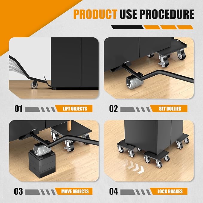 LOYAL TIGER 2000LBS Heavy Duty Furniture Dolly Movers Set with Lifter, 5-Wheel Carbon Steel Moving Rollers with Locking Casters for Refrigerator, Washer, Sofa & Cabinet(6.4 Inch,Black)