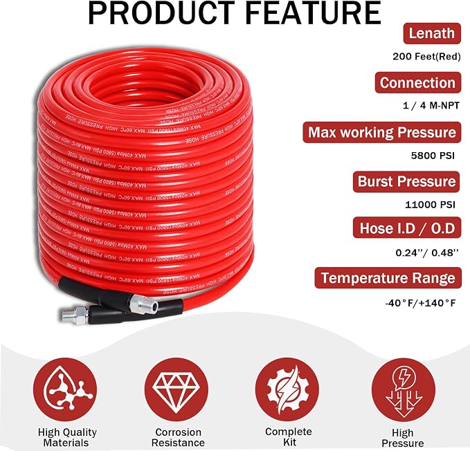 Sewer Jetter Kit for Pressure Washer 200FT, 5800PSI Drain Cleaner Hose 1/4 Inch NPT Corner with 5 Sewer Jetting Nozzles，Waterproof Tape，Pearl Corsage Pin & 2 Spanners (Red)