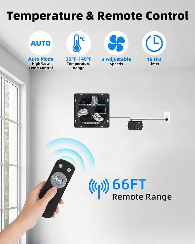 10'' Upgraded Shutter Exhaust Fan with Thermostat & Remote, 890 CFM Wall Mounted Attic Exhaust Fan, Auto On/Off by Temperature for Garage, Greenhouses, Sheds, Chicken Coops & Basement