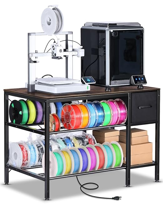 AHOWPD 3D Printer Table with Filaments Storage - 3D Printer Stand Filament Storage Rack Heavy Duty 3D Printer Desk with Drawer for Workshop Studio Office (Brown)