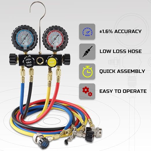 Lichamp HVAC Gauges with Hoses, AC Manifold Gauge Set R134A R410A R404A R22 Refrigerant Gauges and 1/4 HP 3.5 CFM Vacuum Pump, HVAC Single Stage Vacuum Pump for R134a R410a R22 R12