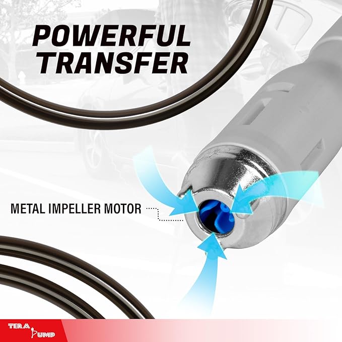 TERA PUMP 3rd Gen. Fuel Transfer Pump w/Quick Flow Control Nozzle - [ 2X Electric Power Options ] 12V AC/DC Plug-in & DC Inverter Clips, 8.2FT Discharge Hose, Gas, Diesel, Water (2.4 GPM)