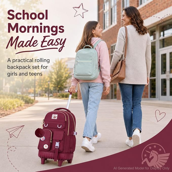 CCJPX Rolling Backpack for Girls, 21 inch Women Roller Wheels School Bookbag, Laptop Wheeled Water Resistant Wheeled Bookbag Set - Red