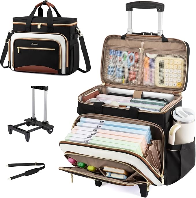 LOVEVOOK Rolling Teacher Bag with Detachable Dolly and Laptop Compartment, Large Rolling Tote Bag fits for 17.3" Laptop for Teacher Office Work Craft Nurse, Black-beige-brown