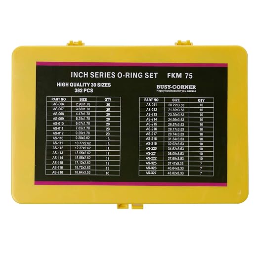 BUSY-CORNER 382 Pieces FKM O Ring Kit, Fluorocarbon 75A, 30 Inch Sizes, Chemical Resistant and Oil Resistance O-Rings for Various Chemicals, Hydraulic, Cylinders, Plumbing (Yellow Box, Brown Orings)
