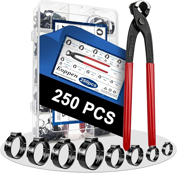 250Pcs 14 Sizes Single Ear Hose Clamp, 5.3-33.1mm 304 Stainless Steel Black Ear Hose Clamp Kit with Ear Clamp Pincer for Automotive, Plumbing, Fuel Line