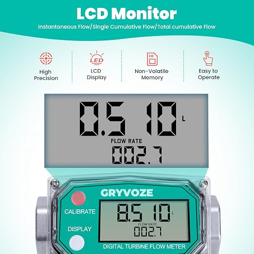3/4 Inch Digital Turbine Fuel Flow Meter, 0.8-13.2 GPM Inline NPT Thread Flowmeter for Water, Diesel, Gas Oil, Gasoline, Kerosene, Methanol, and Other Liquids-Supports Gallon, QTS, PTS, L, m³