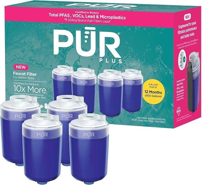PUR Plus Faucet Mount Replacement Filter 4-Pack, Genuine PUR Water Filter for Sink Faucet, 3-in-1 Mineral Filtration, Lead Reducing, 1-Year Value, Blue (RF99994)