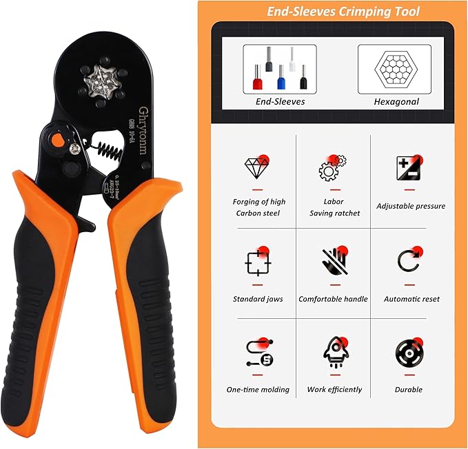 Ferrule Crimping Tool Kit, AWG 10-6 Self-adjustable Ratchet Wire Ferrule Crimper Plier, Black/Orange