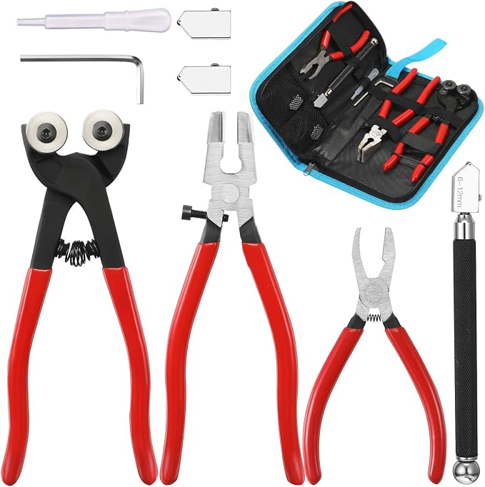 8 Pieces Glass Mosaic Cutter Kits, Including Wheeled Glass Tile Nipper, Glass Running Plier, Breaking Plier, Hex Wrench and Pencil Style Oil Feed Glass Cutting Tool, 2 Blades and Oil Dispenser