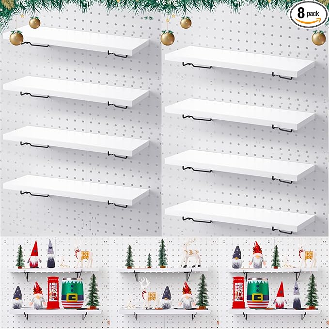 Qunclay 8 Pack Pegboard Shelf Set Wooden Shelves with Metal Brackets Hook Wall Pegboard Shelving Heavy Duty Accessories for Crafts Home Office Garage Workbench(White)