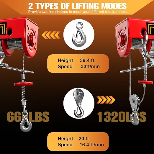 Electric Hoist, 13ft Wired Remote Control,1320LBS Electric Winch with Emergency Stop, 39.4ft Single Cable Lifting Height, 110V Electric Lift for Factories,Warehouses