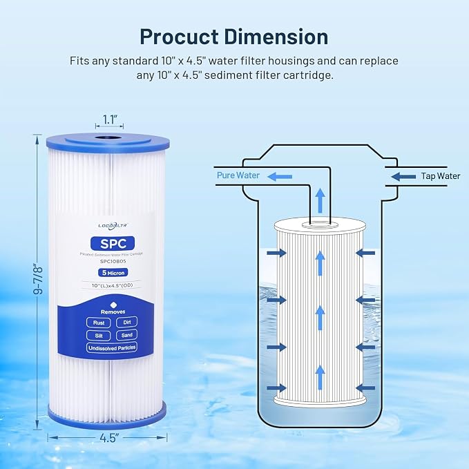 10 x 4.5 Whole House Water Filter Replacement Cartridge, 5 Micron Polypropylene & 5 Micron Pleated Sediment Filter - 6 Pack