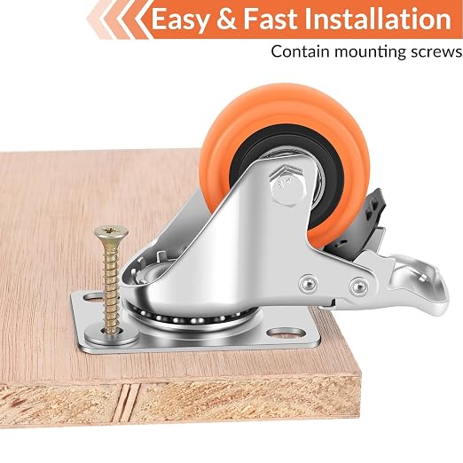 Caster Wheels, 2" Casters Set of 4 Heavy Duty - Locking Casters Orange Polyurethane Wheel, Swivel Plate Caster with Brake, Non-Marking Castor Wheels for Carts Furniture and Workbench
