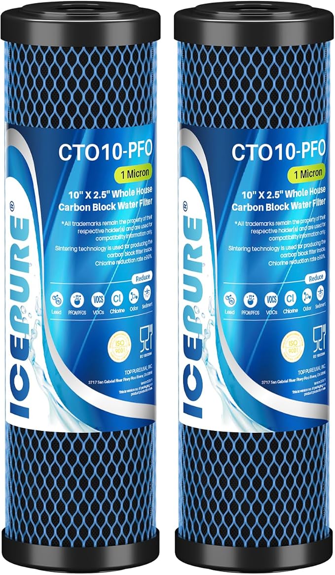 ICEPURE 1 Micron 10" x 2.5" Whole House PFOA/PFOS Carbon Water Filter Cartridge Replacement for DuPont WFPFC8002, WFPFC9001, SCWH-5, WHCF-WHWC, FXWTC, CBC-10, RO Unit, Pack of 2