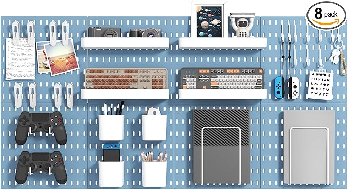MULSAME Pegboard Combination Kit, Wall Mounted Storage Set with 8 Pegboards & 32 Accessories Hanging, Blue Peg Boards Organizer for Walls Display, Crafts Organization, Kitchen Organizer, 22" x 44"