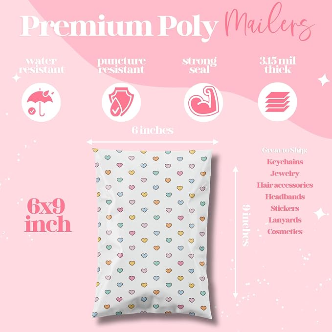 Pretty Package Store Designer Poly Mailers 6x9, Preppy Hearts, 100 Pack | Heavy Duty, Waterproof, Self Seal, Tear Resistant, Shipping Bags for Small Business Packaging, Bulk Mailing Envelopes