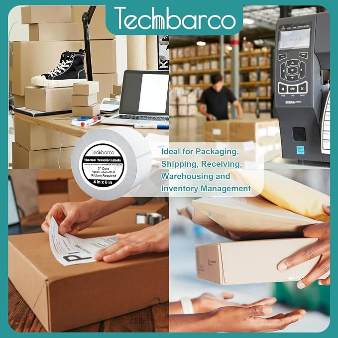 Industrial Thermal Transfer Labels 4x6 for Barcode Shipping, Ribbon Required, 3 Inch Core, 2 Rolls/Case 1000 per Roll, Perforated, Compatible with Thermal Transfer Printers