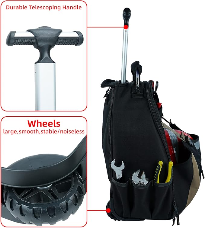 MELOTOUGH Wheeled Rolling Tool Backpack – Heavy-Duty Tool Bag with Wheels, 26-Pocket Organizer for Electricians, Carpenters, HVAC & Welders (Khaki)