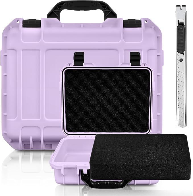 Relaxweex 1 Pcs Waterproof Hard Case with DIY Customizable Foam Insert Portable Protective Case with Knife for Camera Drones Equipments Tools Test Instruments(Purple,16.3 x 12.4 x 6.5 Inch)