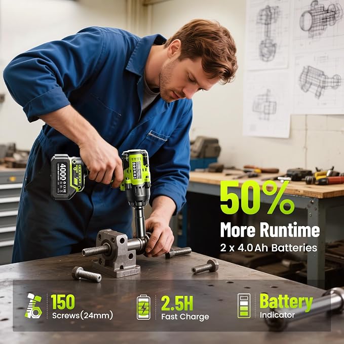 Robustrue 1400N.m (1032ft-lbs) Cordless Impact Wrench, 1/2" Brushless High Torque Impact Gun, 11Pcs Tire Repair Kit, 2x4000 mAh Batteries, Fast Charger, Impact Driver for Car Home/Truck RV/Mower
