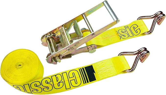 VULCAN Ratchet Strap with Wire Hooks - 3 Inch x 27 Foot - 2 Pack - Classic Yellow - 5,000 Pound Safe Working Load