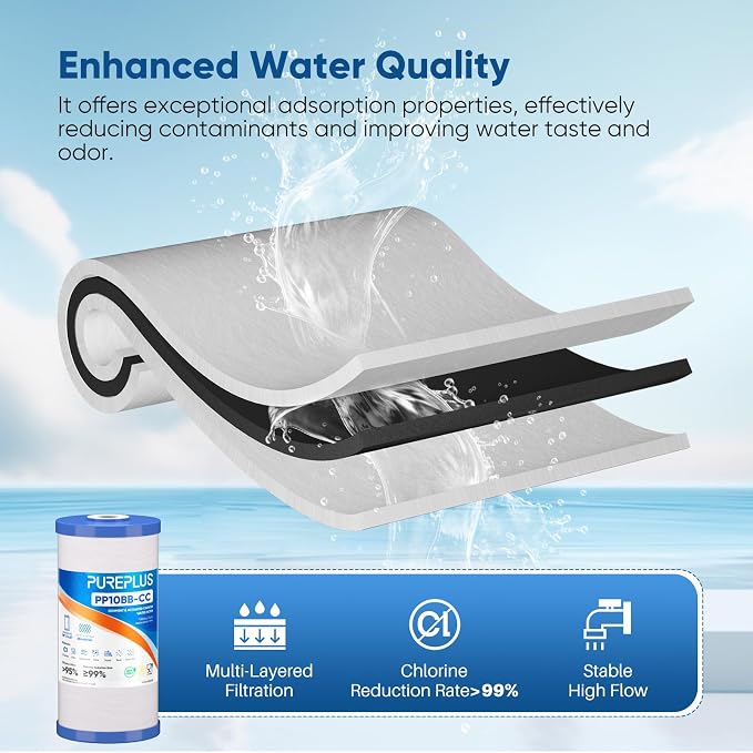 PUREPLUS 25 Micron 10" x 4.5" Whole House Sediment and Carbon Water Filter Replacement Cartridge for GE FXHTC, GXWH40L, GXWH35F, GNWH38S, Culligan RFC-BBSA, WRC25HD, PP10BB-CC, Pentek RFC-BB, 3Pack