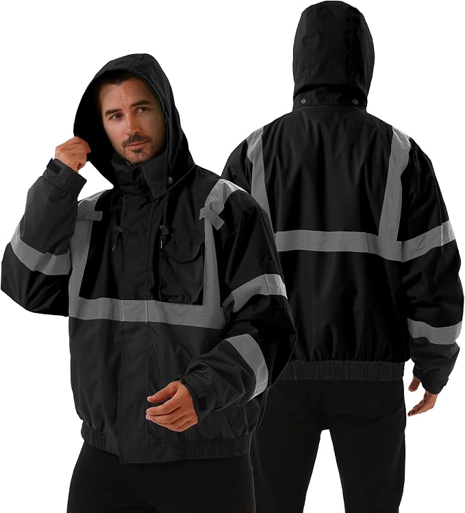 3 in 1 Safety jacket,Reflective high Visibility Hooded jacket,Hi Vis Bomber Jacket shell and fleece lining,Waterproof,ANSI Class 3 Black,3XL
