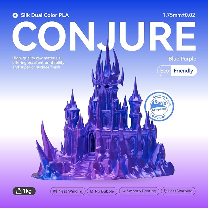 Conjure Silk Dual Color PLA Filament 1.75mm, Transparent Detachable Reusable Spool Compatible with Bambu Lab AMS Refill, Shiny Blue Purple Gradient 3D Printer Filament 1KG -Smooth Printing, No Clog