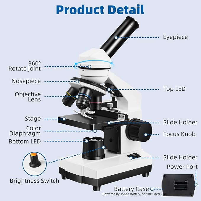 Fitense Microscope for Adults Kids,40X-2000X Monocular Microscope Kit for Home School Lab, 2 LED Lights & 5 Colors Kids Microscope with Phone Holder,10 Specimen Slides,20 Slides,100 Coverslips, Bag