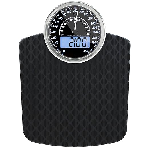 Hybrid Bathroom Scale - Analog & Digital Display, Accurate to 400 lbs | See weight on both an analog dial and digital LCD at once. Wide glass platform, accurate to 0.2 lbs, batteries included.