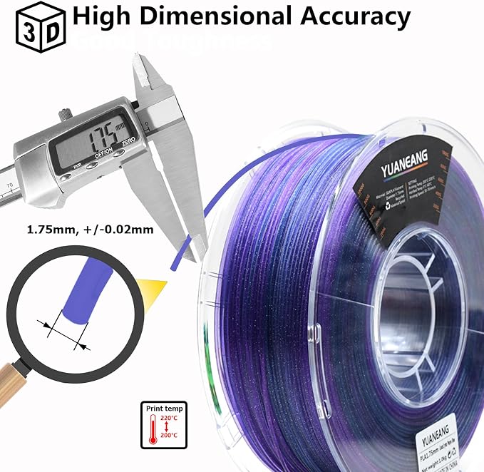 Crystal Purple Gradient PLA Filament 1.75mm, 1kg Spool, Dual-Color Transition (Purple to Blue), Crystal-Effect PLA with Smooth Color Blending, ±0.03mm Precision, Easy Printing