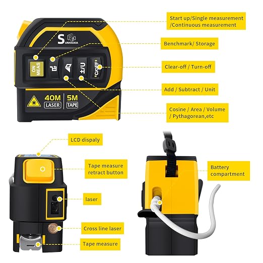 4-in-1 Laser Tape Measure with Laser Level Crosshairs | 130ft/40m Laser Distance + 16ft/5m AutoLock Tape | Backlit LCD Display (Ft/Inch/M/mm & Fractions) | for DIY, Construction, Interior Design