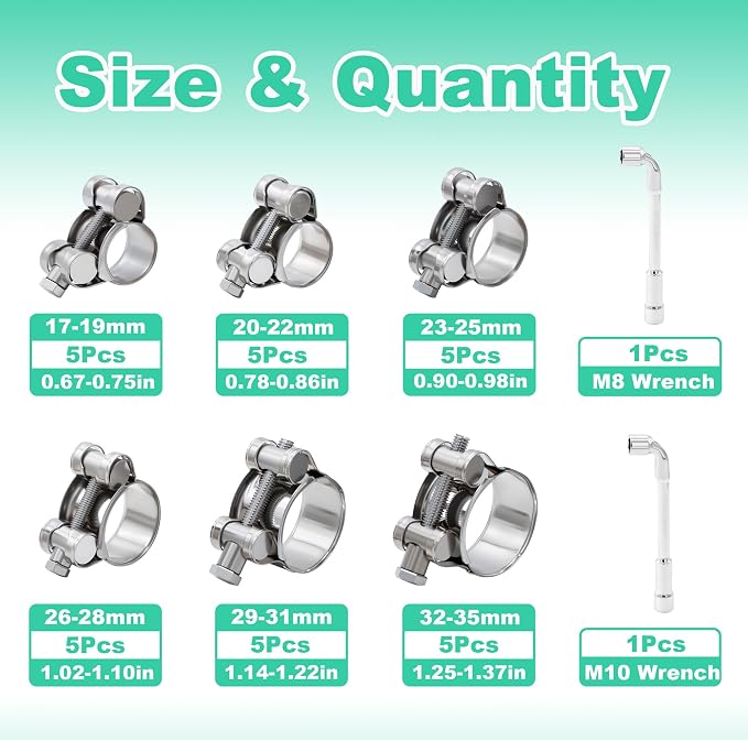 T-bolt Hose Clamps - 32PCS 17-35mm Stainless Steel Hose Clamp Assortment 6-Sizes Heavy Duty Adjustable Tube Clamps with M8 and M10 Socket Wrenches