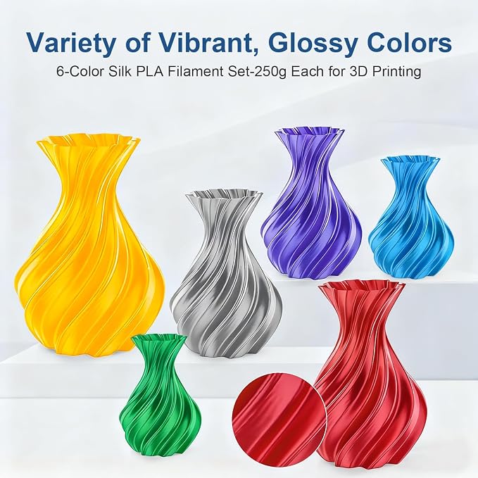 Dynta 3D Printer Filament Bundle, Silk PLA 6 Colors - High Gloss, Super Shiny & Smooth, Beginner-Friendly for Daily DIY, 250gX6 Spools (Gold/Silver/Red/Green/Blue/Purple)