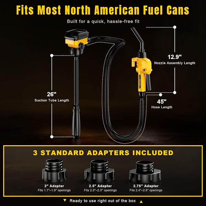 Fuel Transfer Pump for DeWalt 20V Batteries, Cordless 3.7 GPM Flow | Gas Can Pump Kit with Locking Nozzle, 3 Adapters for Gasoline, Diesel, Kerosene & Light Oil, Battery Not Included