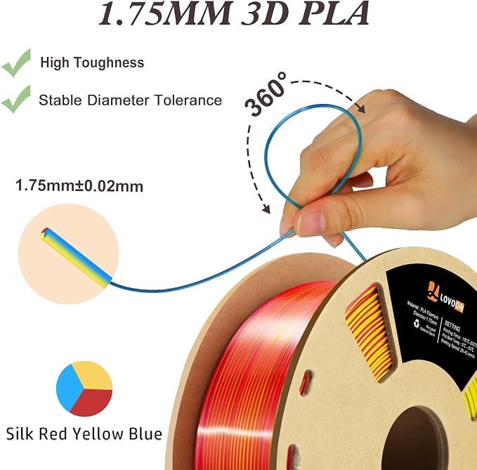 LOVOON 3D Tri-Colors PLA Printer Filament 1.75mm, Silk PLA Red Yellow Blue, 3D Printing Filament +/-0.02mm, Most 3D Printer and 3D Pen Compatible, 1kg(2.2lbs)/Spool