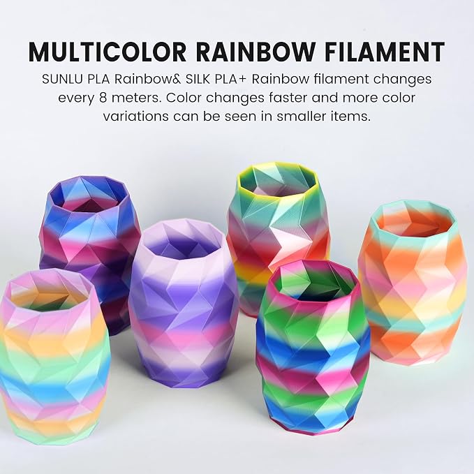 SUNLU 3D Printer Filament Bundle, PLA+ Silk Rainbow Filament Multicolor 1.75mm, Individually Vacuum Packed, 250G Spool, 8 Rolls, 2kg in Total, 8 Rainbow Color, Suit for Christmas Print