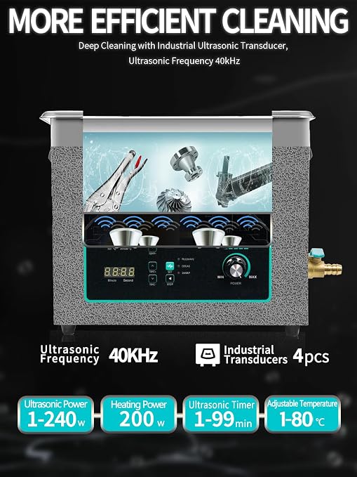 Ultrasonic Cleaner 10L, Sweep Function, 240W Power Adjustable Ultrasonic Parts Cleaner for Cleaning Carburetor, Metal Engine Parts, Gun, Oil Filter, Bike Chain, Gear, Eyewear, Watch, Jewelry
