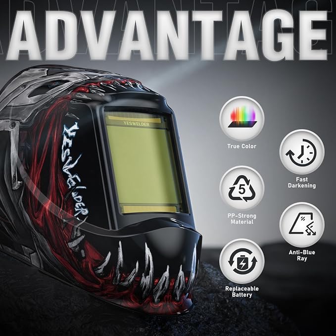 YESWELDER Large View Auto Darkening Welding Helmet, Blue Light Blocking, 1/1/1/1 True Color Solar Powered Welder Hood Mask with 4 Arc Sensors, Wide Shade 3/5-9/9-13 for TIG MIG ARC Cut and Grind