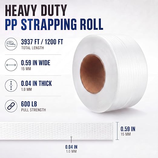 Heavy Duty 1/2" Polypropylene Strapping Roll, 600 lb 3937 ft PP Packing Banding Strap, Industrial Tensile Strength, Machine Strapping for Cartons, Pipes, Shipping, Warehouse, Industrial Packaging