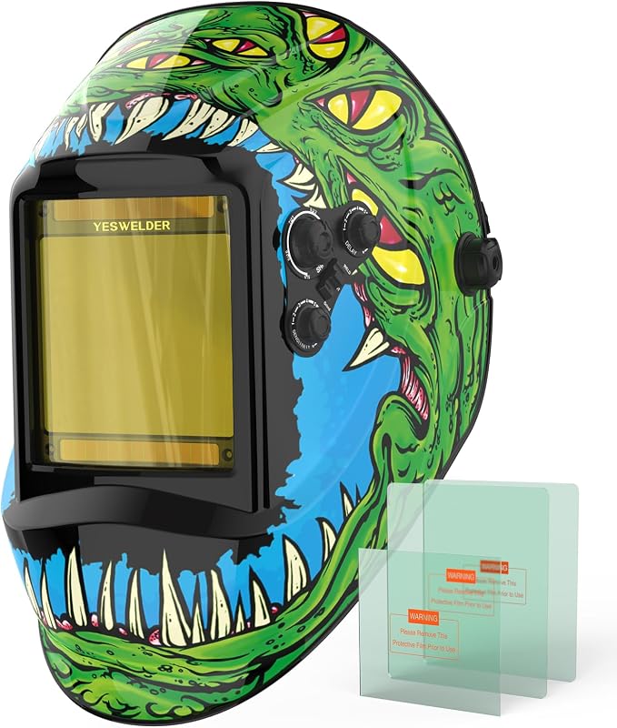 YESWELDER Auto Darkening Welding Helmet with Blue Light Blocking, Large View 3.93x3.66 Inch, True Color 1/1/1/1 Optical Clarity, Shade 3/5-9/9-13, Solar Powered, 4 Arc Sensors