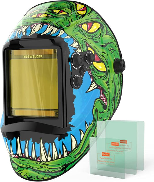 YESWELDER Auto Darkening Welding Helmet with Blue Light Blocking, Large View 3.93x3.66 Inch, True Color 1/1/1/1 Optical Clarity, Shade 3/5-9/9-13, Solar Powered, 4 Arc Sensors