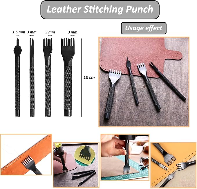 Leather Stitching Hole Punch Tool Set, Carving Hammer 3mm 1/2/4/6 Prong Punch Chisel Round Hole Punch for Belt Watch Band Rubber Leather DIY Crafts