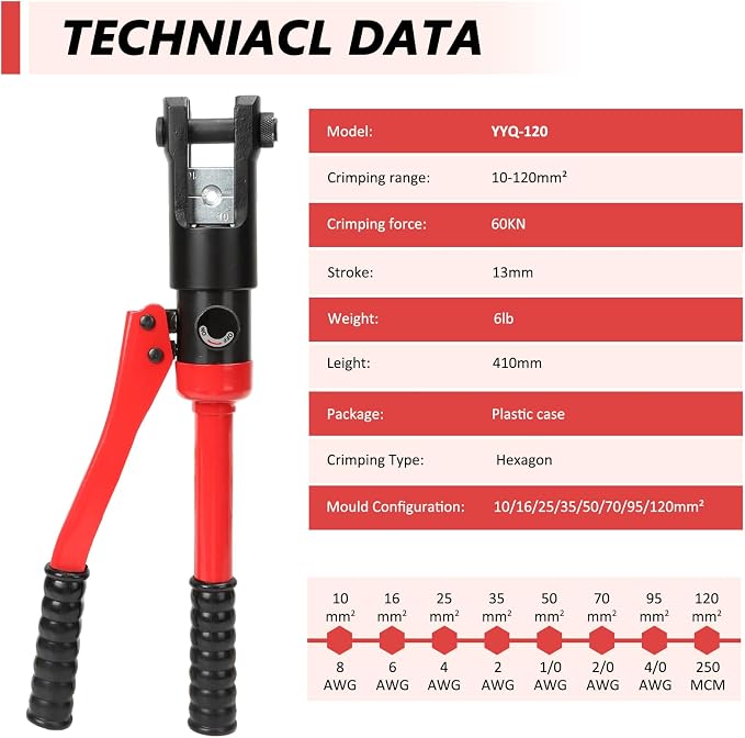 Hydraulic Crimping Tool, 60KN Heavy-Duty Battery Cable Crimper Tool with 9 Hex Crimp Dies, Heat-Treated Alloy Steel, Ergonomic Anti-Slip Handle for Industrial Electricity, Communication, Metallurgy