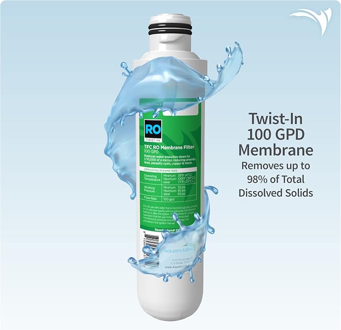 Aquatic Life Twist-In RO/RODI Replacement Cartridges - Carbon Block Filter, Sediment, Color Changing Mixed Bed Deionization Resin and 100 GPD Membrane, 4-Stage Reverse Osmosis Deionization Systems