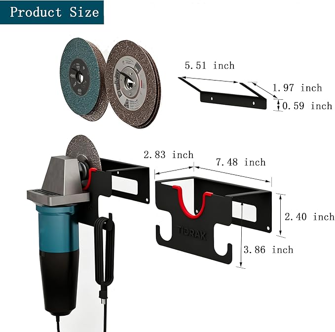 Angle Grinder Holder Wall Mount – Heavy Duty Tool Storage Rack for 4-1/2" to 6" Grinder, Impact Wrench & Polisher, with Cord Management Hooks & Disc Hooks, Ideal for Workshop & Garage Organization