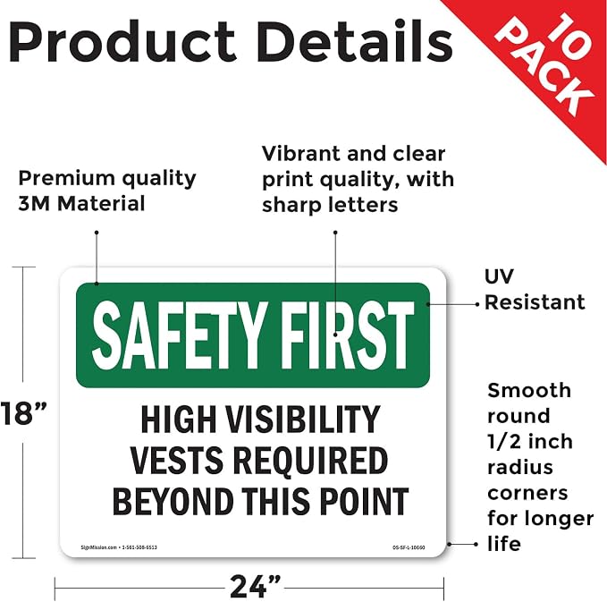 High Visibility Vests Required Beyond This Point OSHA SAFETY FIRST Vinyl Decal Label 24 Inch x 18 Inch - 10 Pack